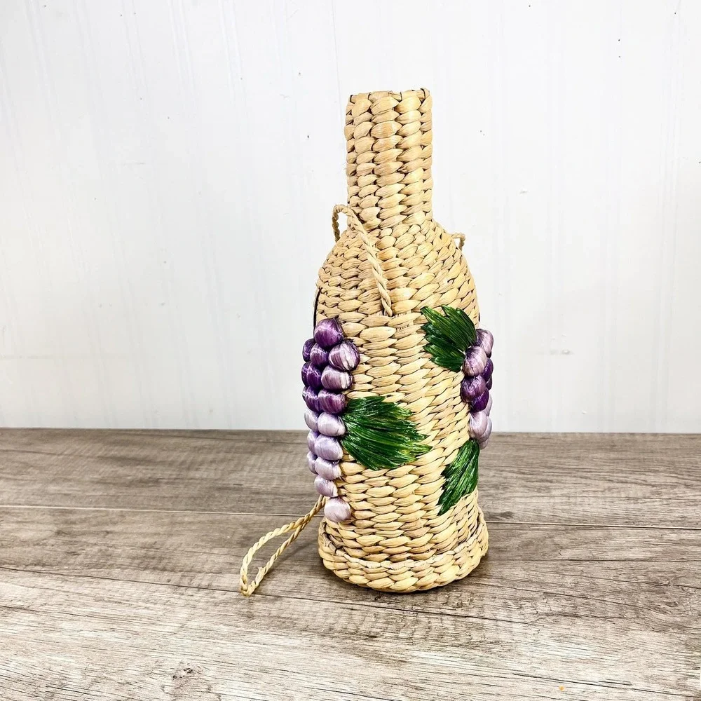 1970s Wine Bottle Holder, Hand-Woven Sea Grass Grapes & Leaves | Boho Bar Decor‎